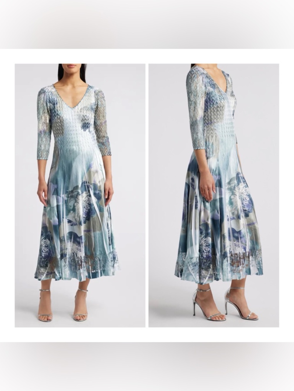 Komarov Blue & Silver Floral Smocked Midi Dress - Picture 3 of 9